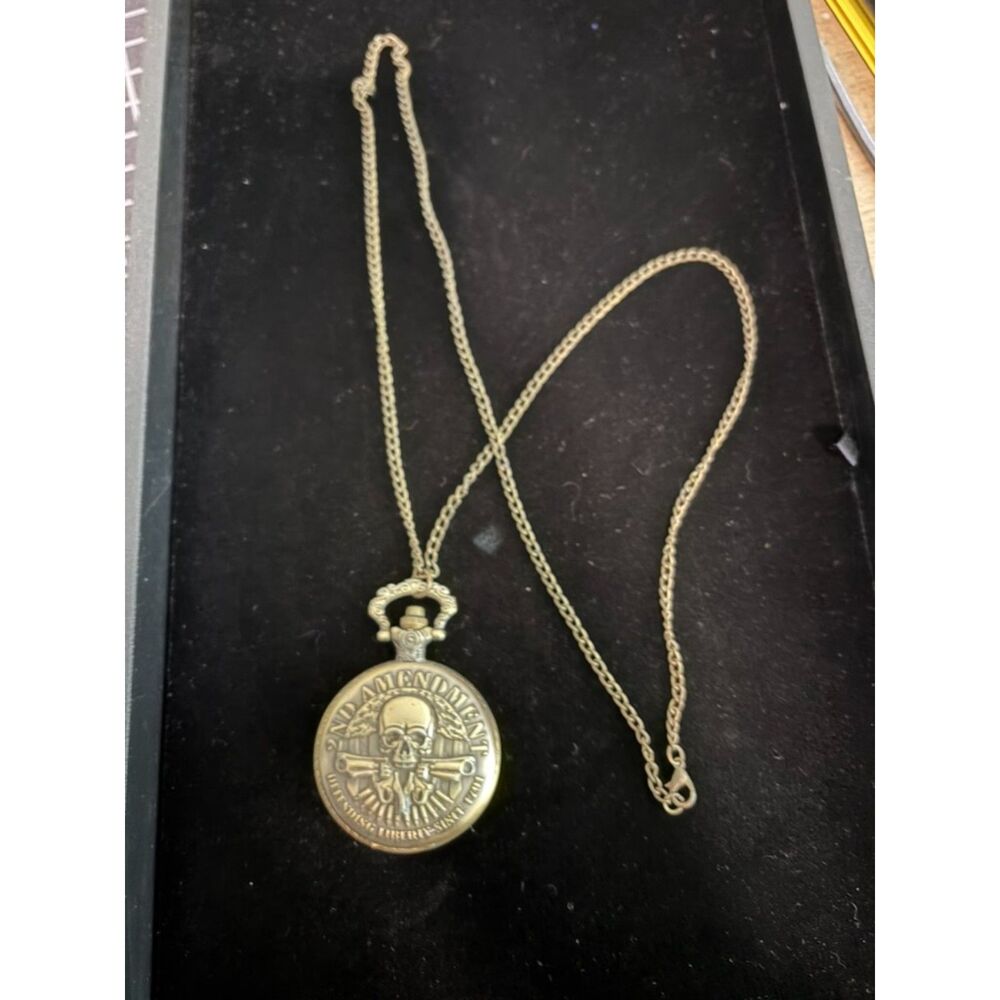 vtg. pocket watch with chain 2nd amendment skull quartz watch